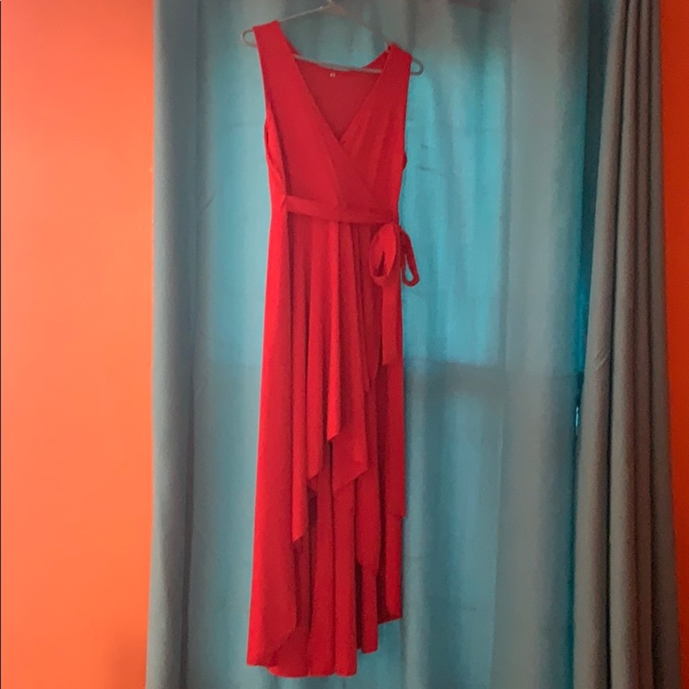 Red high-low faux wrap dress